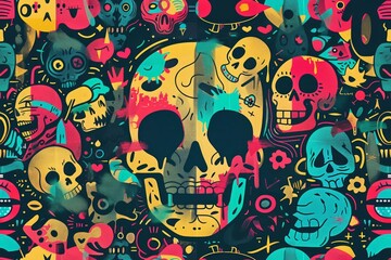Whimsical Skull Emoji Arrangement: Artistic and Seamless Pattern for Illustrative Design