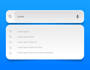 Search Bar with suggestions for UI UX design and web site. Search Address and navigation bar icon. Collection of search form templates for websites. Search engine web browser window template.