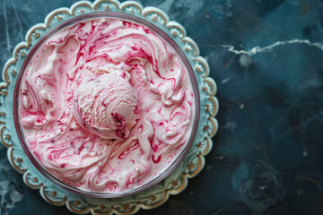 Obraz premium raspberry ripple ice cream in ornate bowl on dark blue background