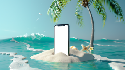 Smartphone mockup with transparent screen with copy space, summer beach background. 3D.Concept of sales, holidays, applications, advertising, web, online.