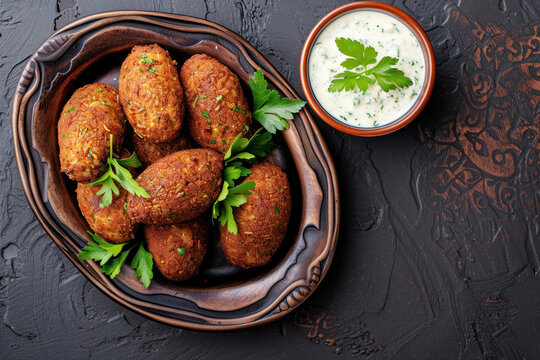 traditional lebanese kibbeh with yogurt dip on rustic tableware