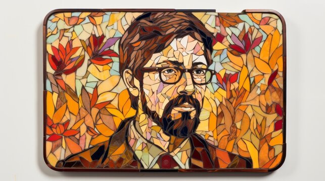 A man with glasses is depicted in a mosaic. The man is wearing a suit and tie, and the mosaic is made up of many small pieces of glass. The mosaic is colorful and vibrant
