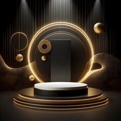 Black gold Podium background, 3d spring table, beauty stand display, podium cosmetic valentine easter, field scene