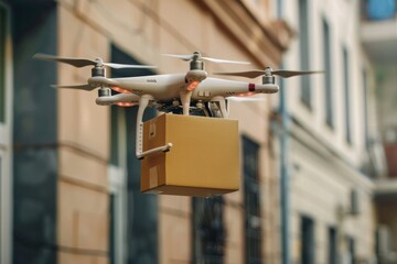 Drone delivery delivering post package, Technological shipment innovation drone fast delivery concept, and safe delivery