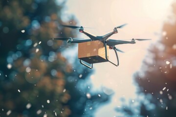 Drone delivery delivering post package, Technological shipment innovation drone fast delivery concept, and safe delivery - obrazy, fototapety, plakaty