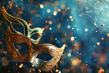 dynamic backdrop adorned with shimmering Carnival masks and confetti