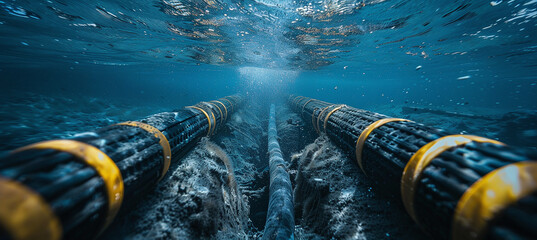 Installing an underwater electrical cable on the ocean floor to transmit energy - obrazy, fototapety, plakaty