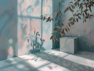 podium stage 3d background wallpaper, minimal room shadow leaves