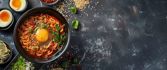 Traditional Korean ramen soup with egg yolk, chili pepper and kimchi