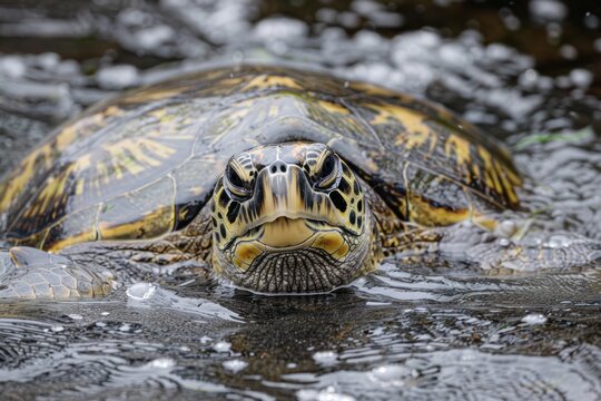 Endangered Hawaiian Green Sea Turtle cruises in the water