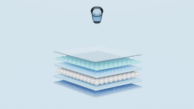 3d pour water from a drinking glass onto the absorbent pad and ventilate shows with synthetic fiber hair, water droplets for diapers, sanitary napkin, baby diaper adult concept, 3d render illustration