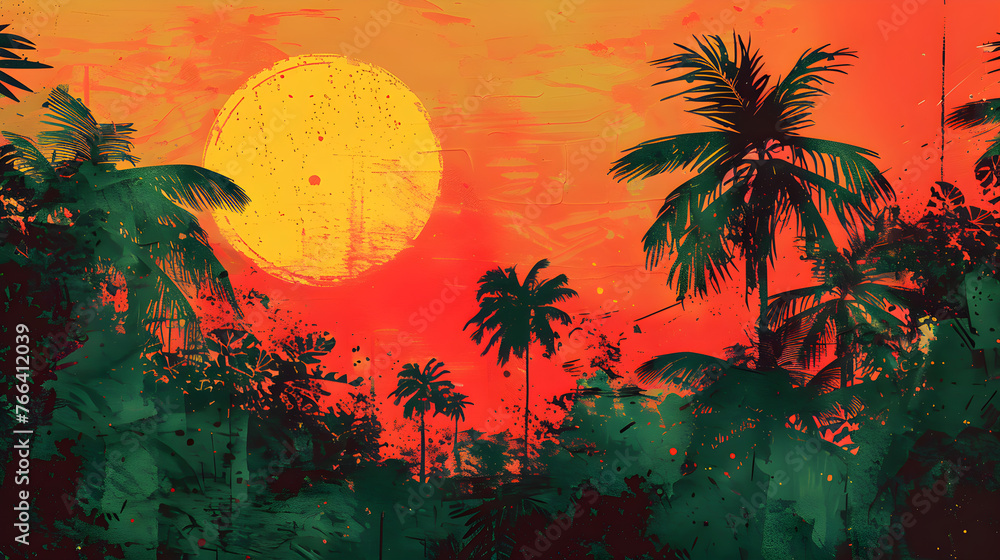 Poster background in the concept of summer with silhouettes of coconut trees with visible sky and sun using