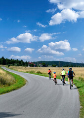 Rear view of a happy family riding bicycles on country road. They get a lot of fun riding together.