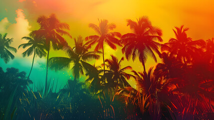 Fototapeta na wymiar Coconut trees that look like silhouettes against the sky and use reggae-style colors.