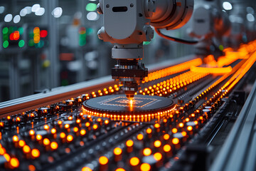 Robotic arm handling silicon wafers in a semiconductor and computer chip manufacturing line at a fab or foundry