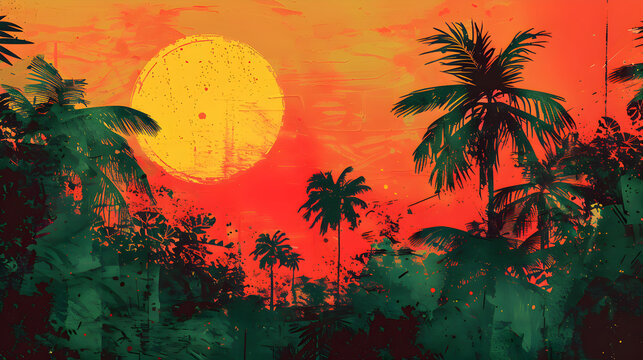 Background in the concept of summer with silhouettes of coconut trees with visible sky and sun using reggae style colors.