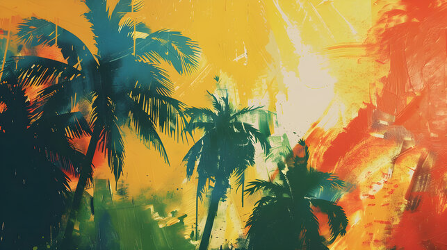 Grunge background with coconut tree silhouettes using reggae style colors.