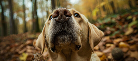 The dog smelled truffles in the forest with his nose