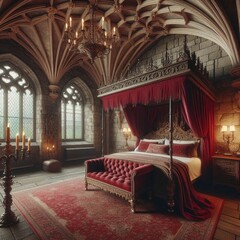 Chambre medievale dans un château imaginaire avec lit à baldalquins rouge bordeaux avec vue splendide - obrazy, fototapety, plakaty