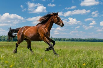 Brown horse galloping in field on sunny day