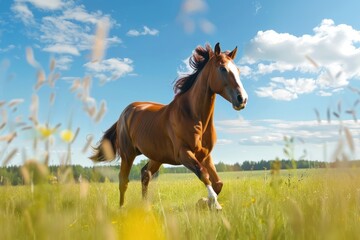 Obraz premium Brown horse galloping in field on sunny day
