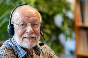 friendly portrait of a senior man with a headset working in customer service