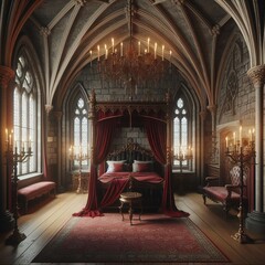 Chambre medievale dans un château imaginaire avec lit à baldalquins rouge bordeaux dans une grande chambre avec des fenêtres hautes - obrazy, fototapety, plakaty