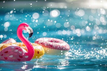 Funny action photo in the outdoor swimming pool with splashes of inflatable flamingo and doughnuts buoys rings - obrazy, fototapety, plakaty