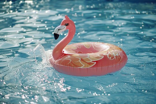Funny action photo in the outdoor swimming pool with splashes of inflatable flamingo and doughnuts buoys rings