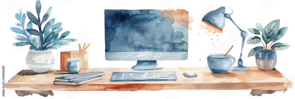 Poster a computer monitor positioned atop a wooden desk, displaying a digital interface