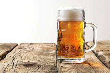 Glass of fresh beer on old wooden desk Isolated on white background