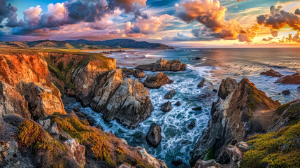 Sunset over rugged coastal cliffs - obrazy, fototapety, plakaty