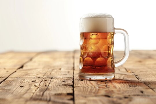 Glass of fresh beer on old wooden desk Isolated on white background