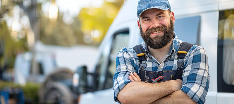 smiling man with a beard wearing a blue cap, plaid shirt and blue overalls with a tool belt
