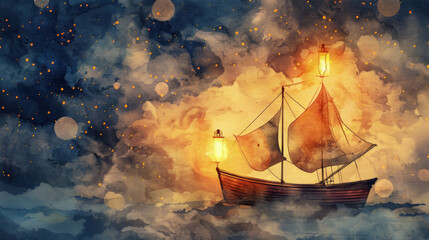 An artistic depiction of a classic sailing ship illuminated by lanterns, navigating through serene, twilight waters under a starry sky