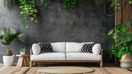 Urban jungle in trendy living room interior with white couch with black knot pillow and wooden...