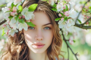 Fototapeta premium Gorgeous girl in the spring apple tree blooms