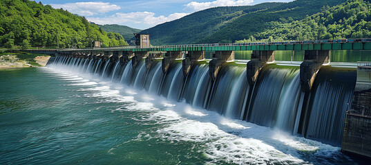 A hydroelectric dam with water flowing through turbines, emphasizing the power generation of water.