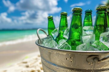 Green beer bottles in ice bucket on summer beach