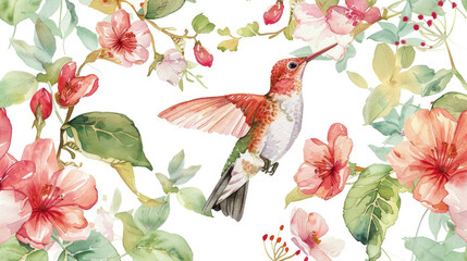 A watercolor painting featuring a vibrant hummingbird hovering over colorful flowers in a garden setting