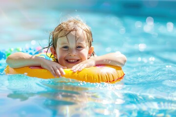 Happy child in swimming pool swimming on an inflatable toy - obrazy, fototapety, plakaty