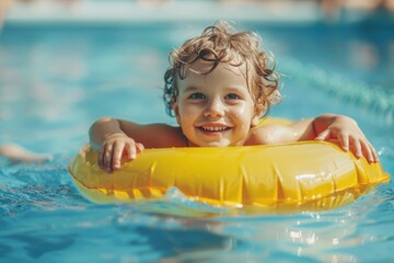 Happy child in swimming pool swimming on an inflatable toy - obrazy, fototapety, plakaty