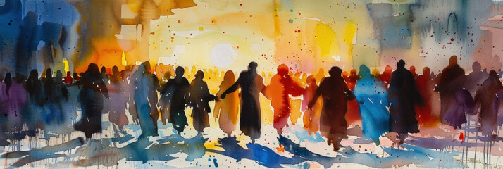 A painting depicting a diverse group of individuals holding hands in unity and solidarity - obrazy, fototapety, plakaty