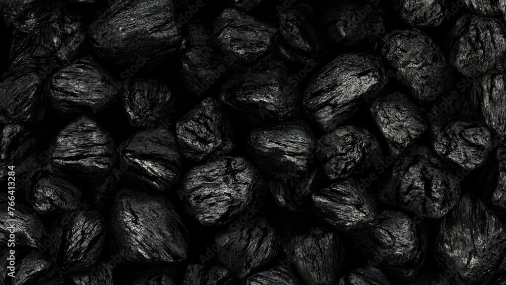 Poster realistic 3d animation of the coal chunks falling from the top filling the volume rendered in uhd wi