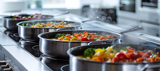 Pots with boiling food in a modern kitchen