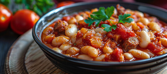 Polish baked beans, White beans cooked in a thick tomato sauce, the tomatoes have small pieces of sausage in them. - obrazy, fototapety, plakaty