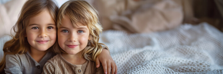 Portrait of two young Caucasian siblings with gentle smiles, embracing on a cozy knitted blanket, conveying family warmth and childhood innocence
