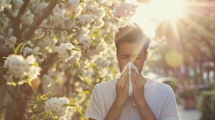 man sneezing into a napkin blowing her stuffed nosed caused by seasonal allergies standing outside in the field of blooming and  flowers - obrazy, fototapety, plakaty