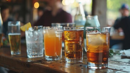 Wooden Table With Glasses of Various Drinks