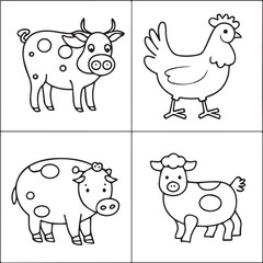 Farm animals coloring pages for coloring book. Animals outline vector